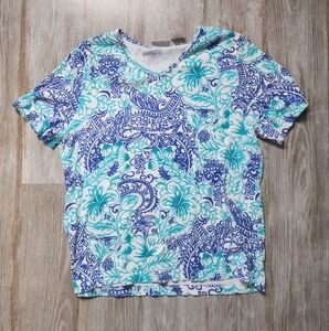 White Stag Blue White Paisley Blouse Ribbed Shirt Top Short Sleeve Plus Sz 16W